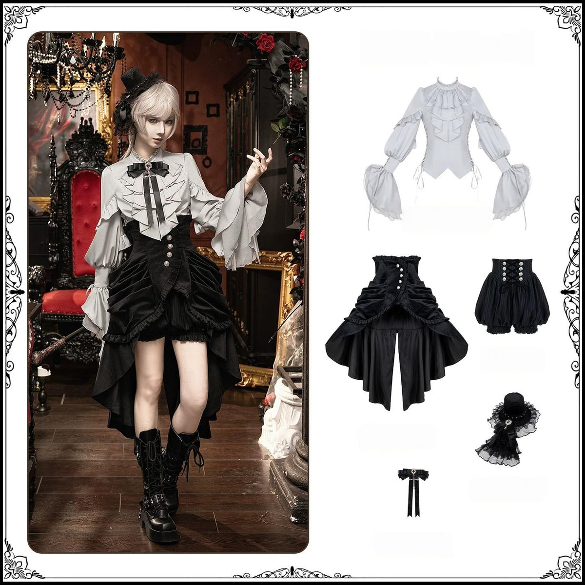 Night Crow - Elegant Gothic Lolita Blouse or Skirt Set, Irregular Hem (L M S) 46021:872649
