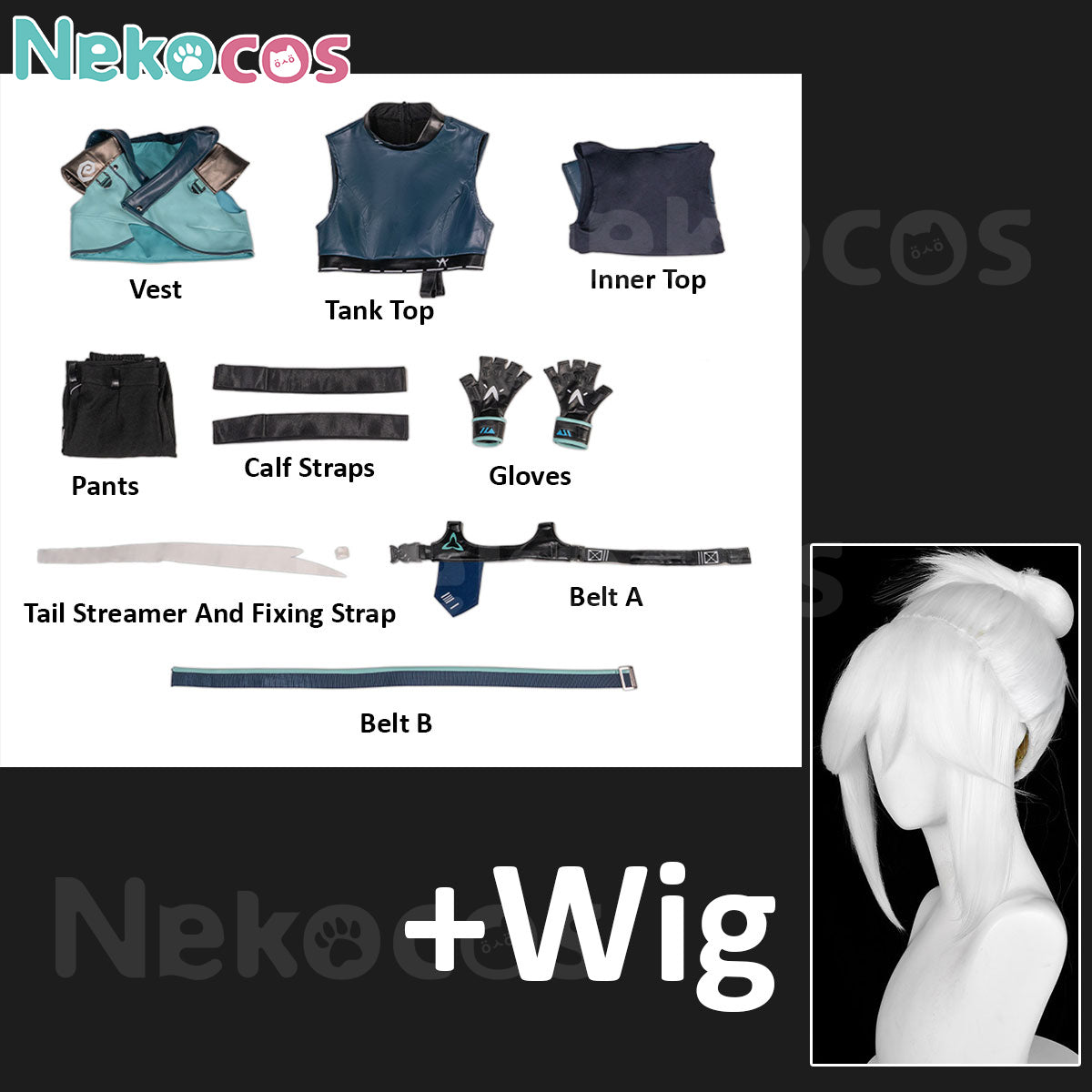 Nekocos Game Cosplay Jett Cosplay Costume | Custom-Tailor full set including vest, tank top, pants, gloves, belts and wig.