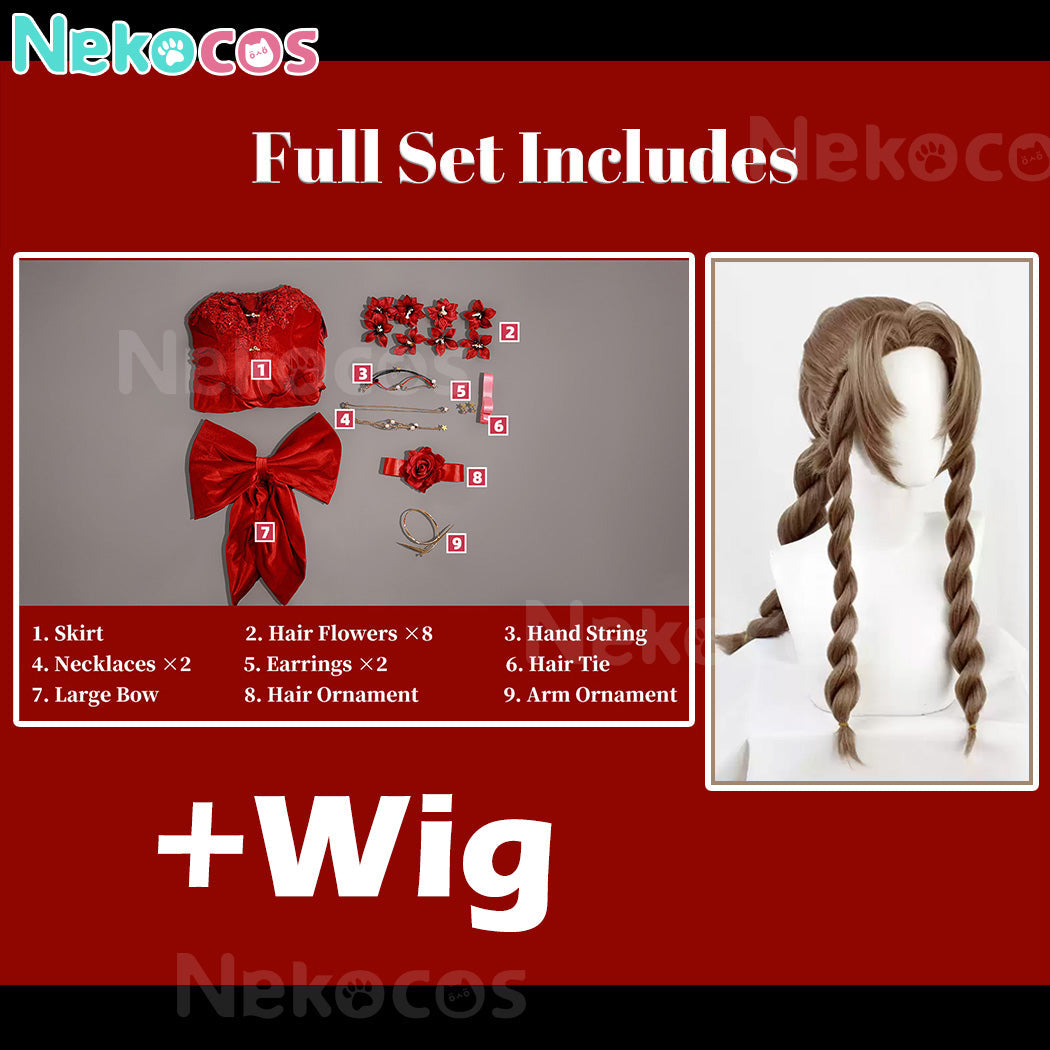 【Nekocos】Game Cosplay Aerith red Dress Cosplay Costume Premium Edition | Custom-Tailor