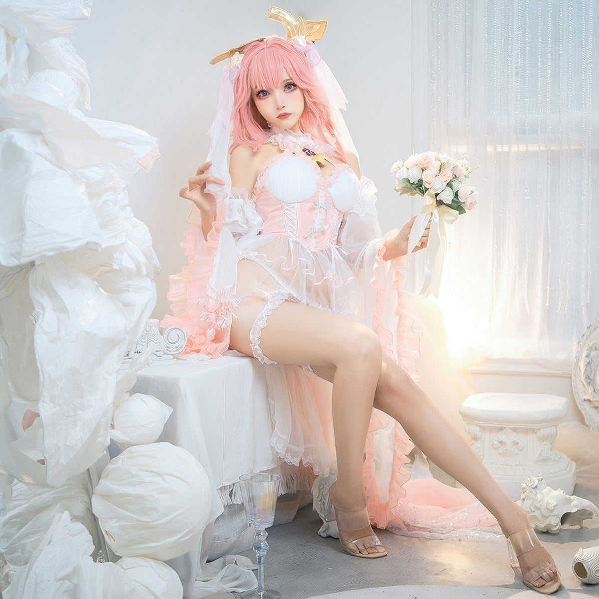 【Nekocos】Game Genshin Impact Cosplay Yae Miko Bride Ver. Cosplay Costume | Custom-Tailor model showcasing the detailed outfit.