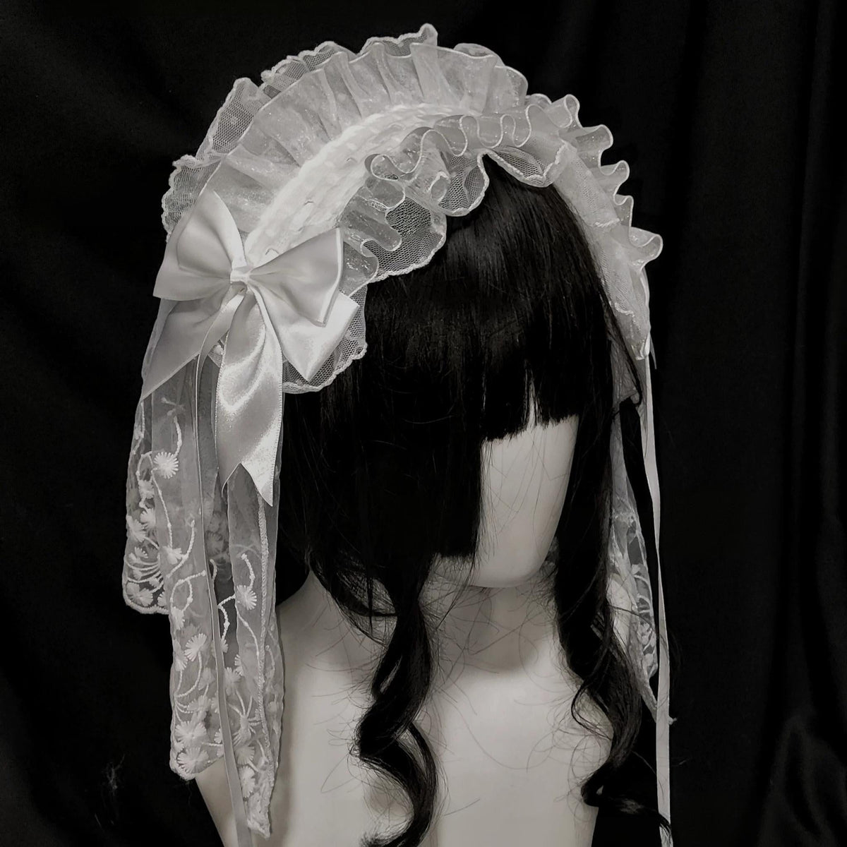 Halloween Gothic Lolita Lace Veil Hairband, Cross Embroidery White - Extended Full-Face Veil