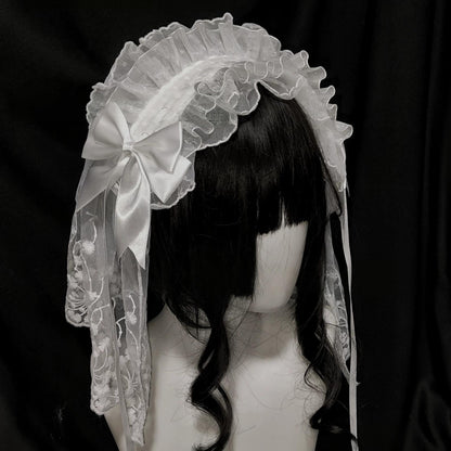 Halloween Gothic Lolita Lace Veil Hairband, Cross Embroidery White - Extended Full-Face Veil