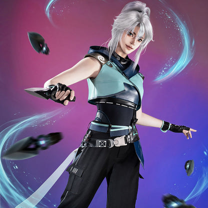 【Nekocos】Game Cosplay Jett Cosplay Costume | Custom-Tailor featuring character with knife on colorful background.