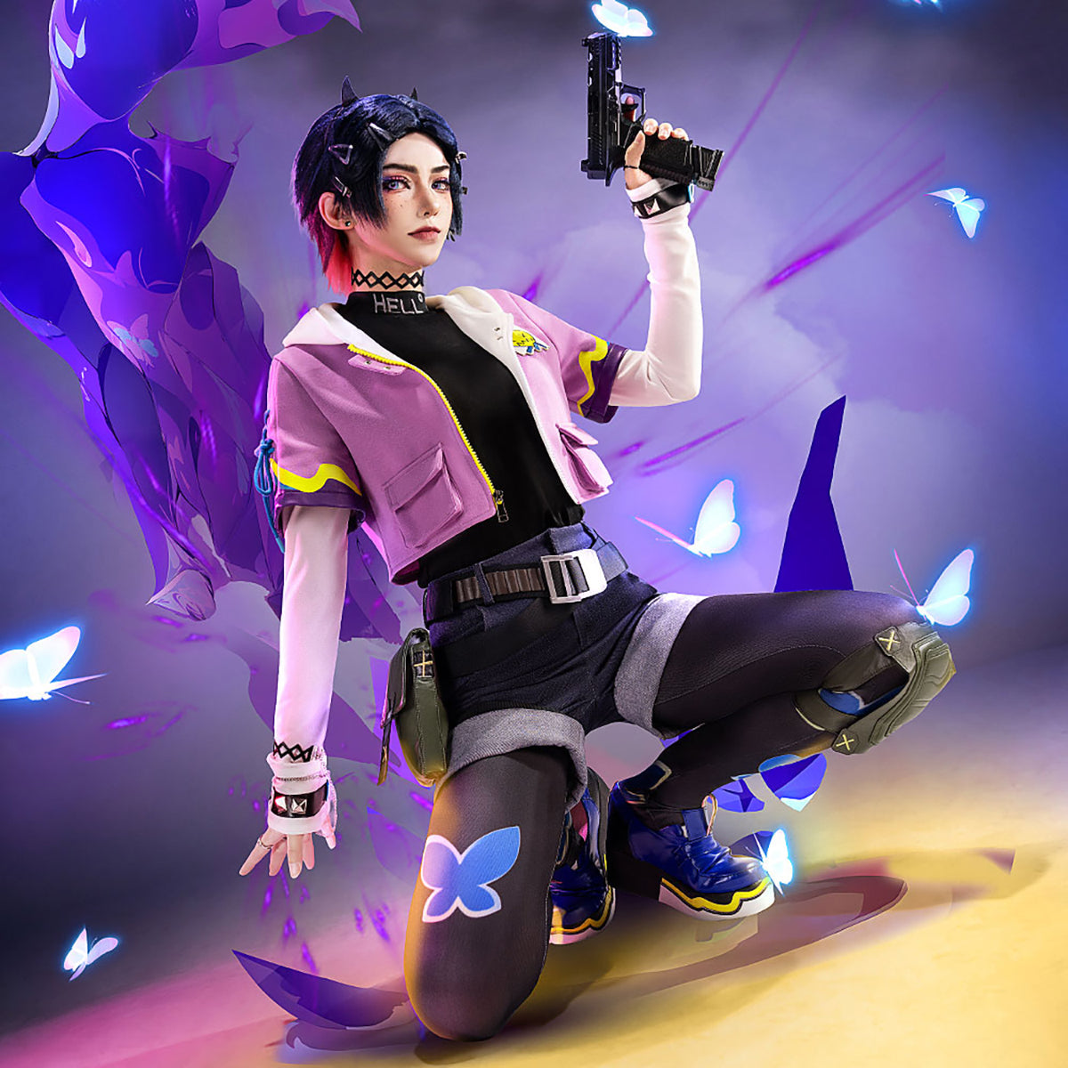 【Nekocos】Game Cosplay Clove Cosplay Costume | Custom-Tailor, featuring a character in a stylish cosplay outfit with butterflies.