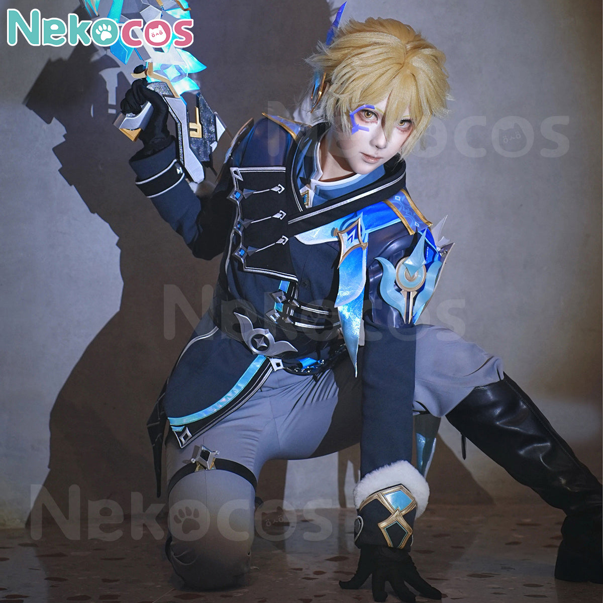 【Nekocos】Game Genshin Impact CosplayAether Traveler Snezhnaya Skin Costume Premium Edition | In Stock worn by a model posing dynamically.