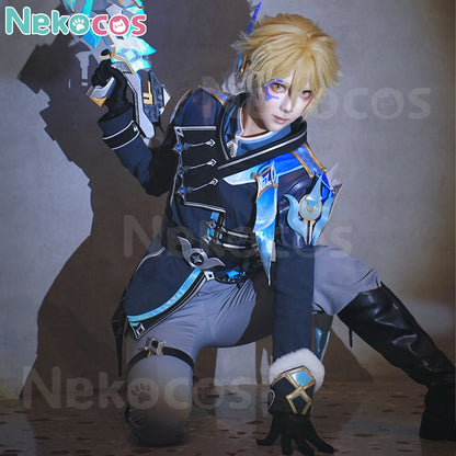 【Nekocos】Game Genshin Impact CosplayAether Traveler Snezhnaya Skin Costume Premium Edition | In Stock worn by a model posing dynamically.