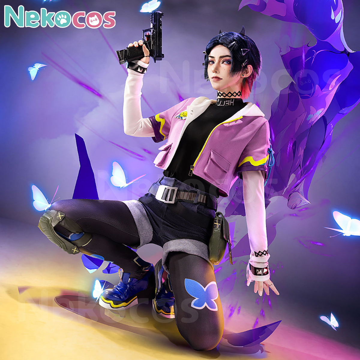 【Nekocos】Game Cosplay Clove Cosplay Costume | Custom-Tailor, character in vibrant cosplay with butterflies.