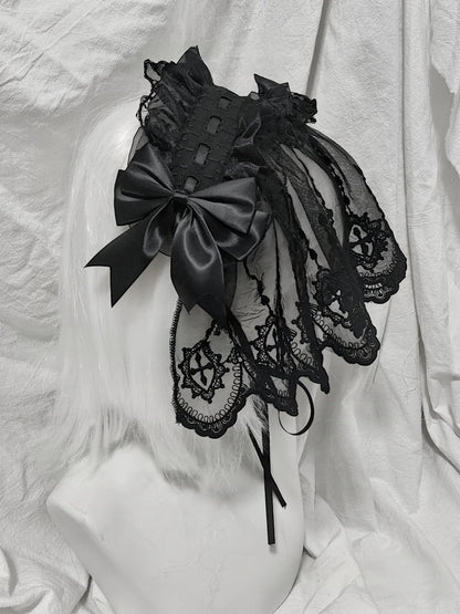 Halloween Gothic Lolita Lace Veil Hairband, Cross Embroidery