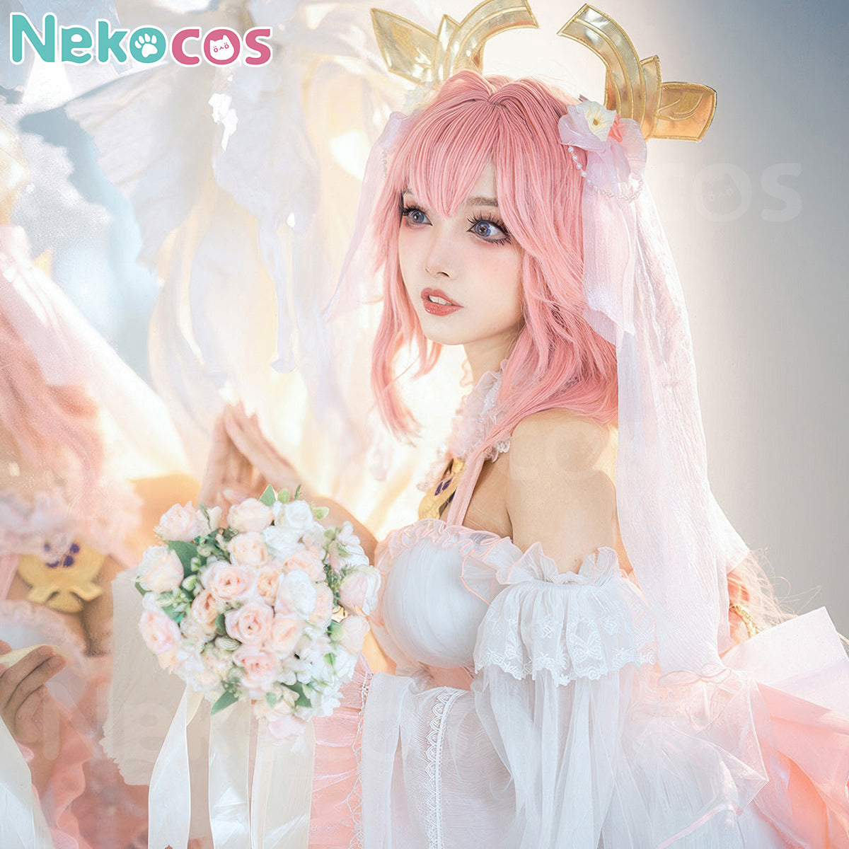 【Nekocos】Game Genshin Impact Cosplay Yae Miko Bride Ver. Cosplay Costume | Custom-Tailor with a model holding flowers.