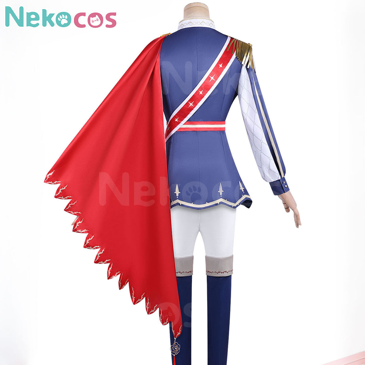 Nekocos Game Uma Musume Pretty Derby Cosplay Rose Kingdom Cosplay Costume back view with red cape and blue jacket.