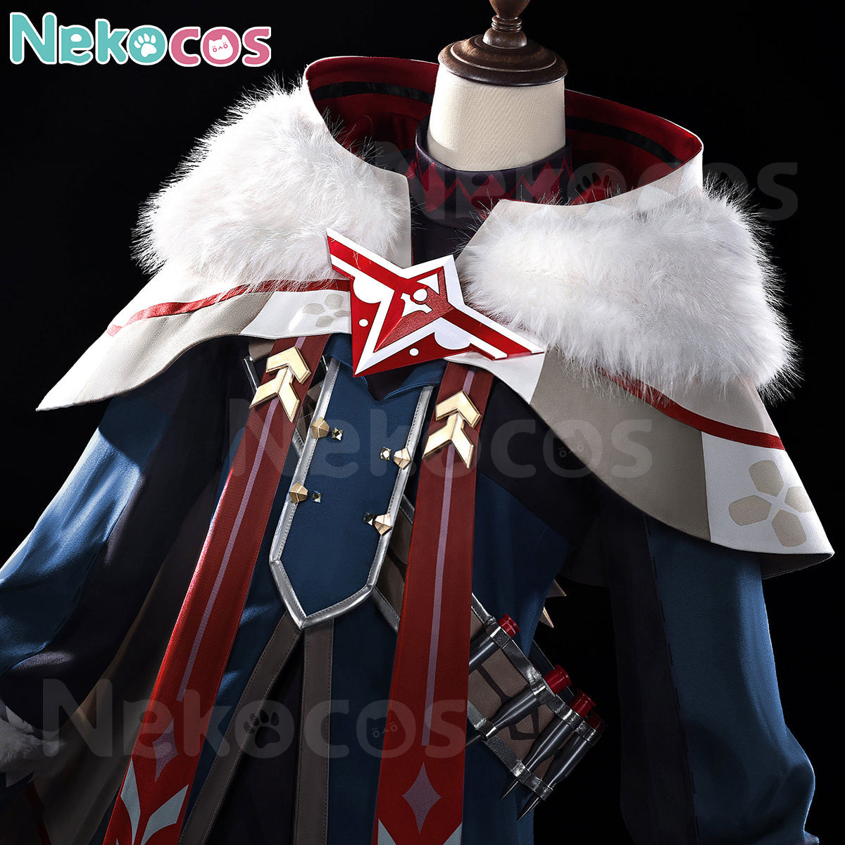 【Nekocos】Game Genshin Impact Cosplay Alyosha Cosplay Costume Premium Edition | Custom-Tailor close-up detail of costume collar and design.