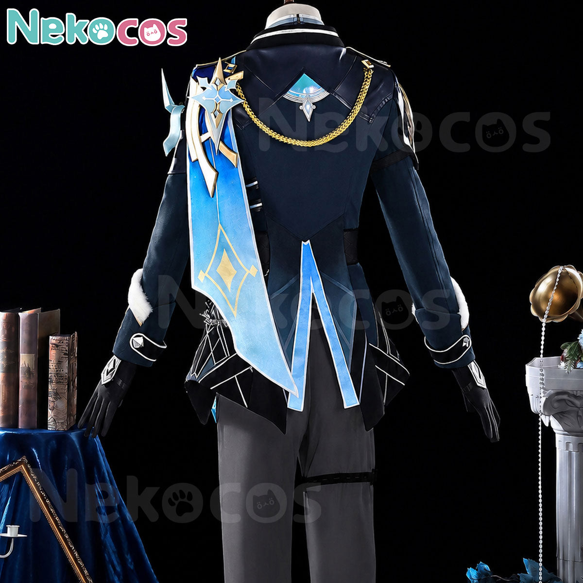 Nekocos Game Genshin Impact CosplayAether Traveler Snezhnaya Skin Costume Premium Edition | In Stock, back view of costume.