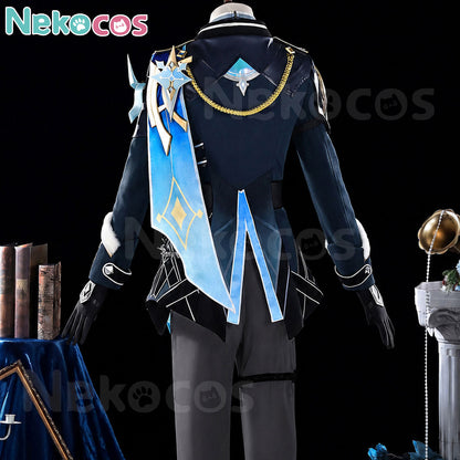 Nekocos Game Genshin Impact CosplayAether Traveler Snezhnaya Skin Costume Premium Edition | In Stock, back view of costume.