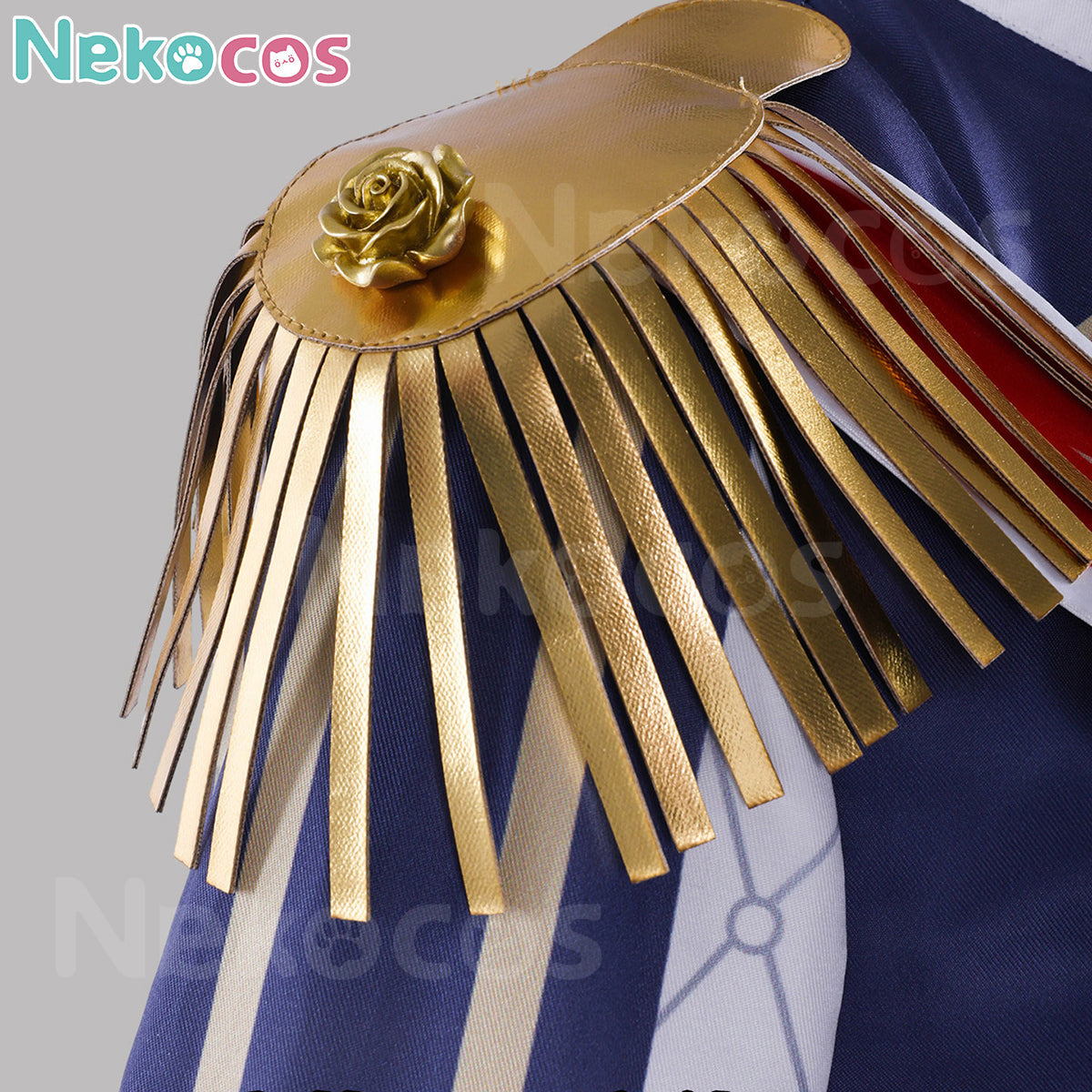 Detail of the gold rose accent and fringe of the 【Nekocos】Game Uma Musume Pretty Derby Cosplay Rose Kingdom Cosplay Costume | In Stock.