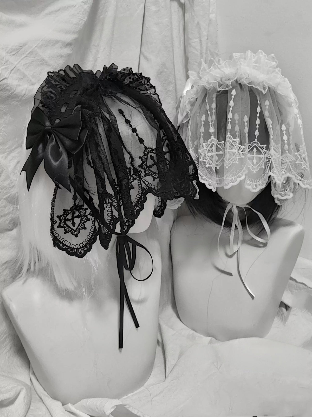 Halloween Gothic Lolita Lace Veil Hairband, Cross Embroidery