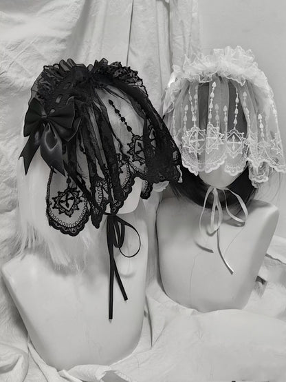 Halloween Gothic Lolita Lace Veil Hairband, Cross Embroidery