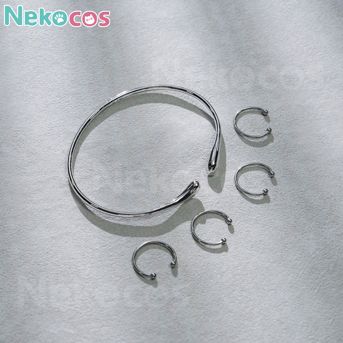 【Nekocos】Anime Cosplay Luka Cosplay Costume | Custom-Tailor silver accessories including rings and a cuff bracelet.
