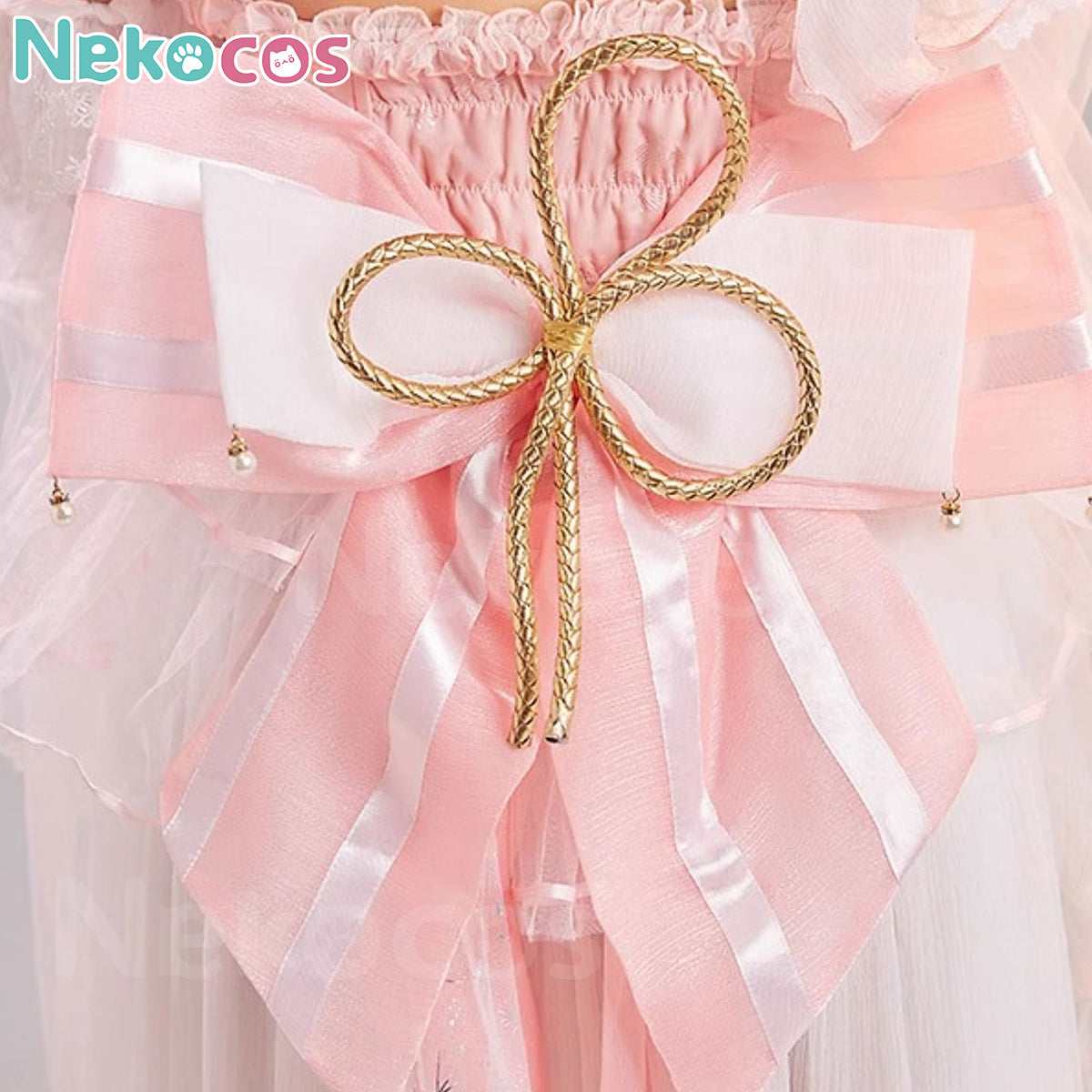 Nekocos Game Genshin Impact Cosplay Yae Miko Bride Ver. Cosplay Costume detail featuring a decorative pink bow.