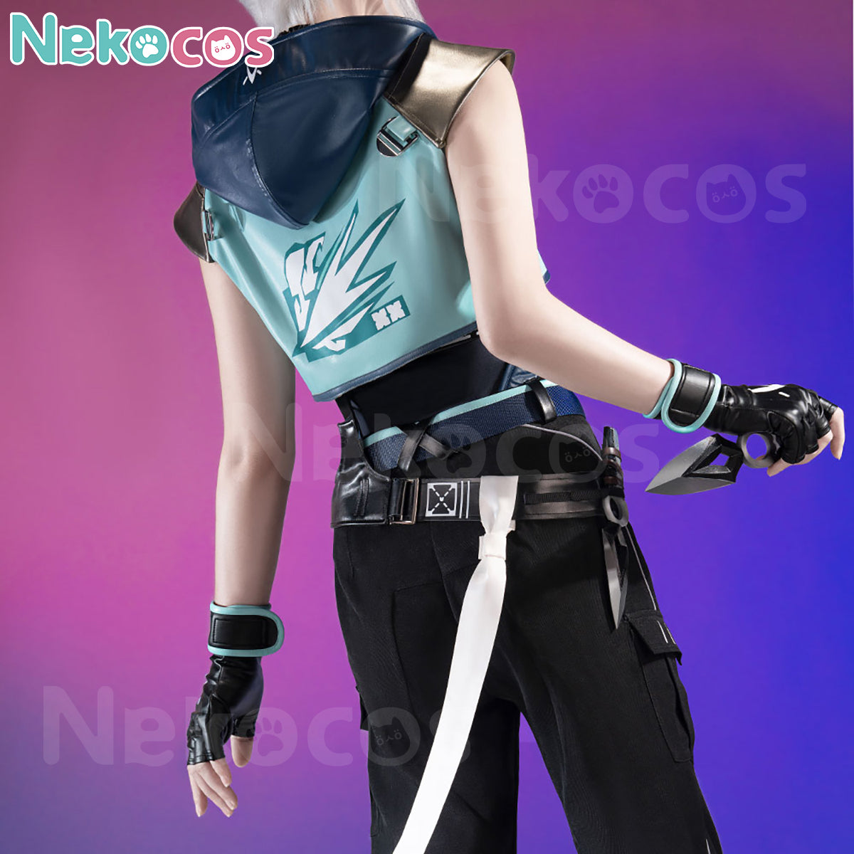 【Nekocos】Game Cosplay Jett Cosplay Costume | Custom-Tailor displayed from behind with detailed accessories.