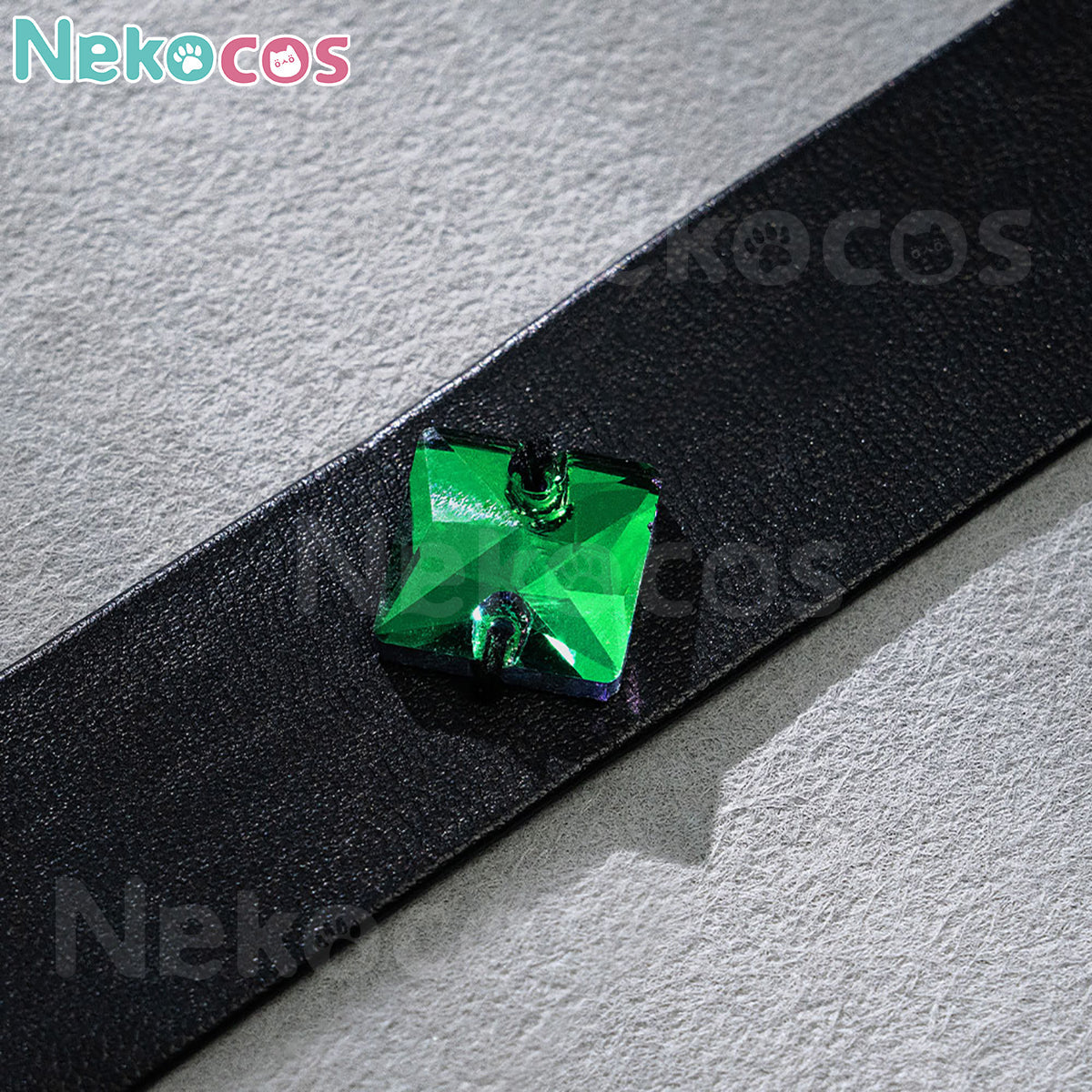 【Nekocos】Anime Cosplay Ivan Cosplay Costume | Custom-Tailor green gem detail on black strap.