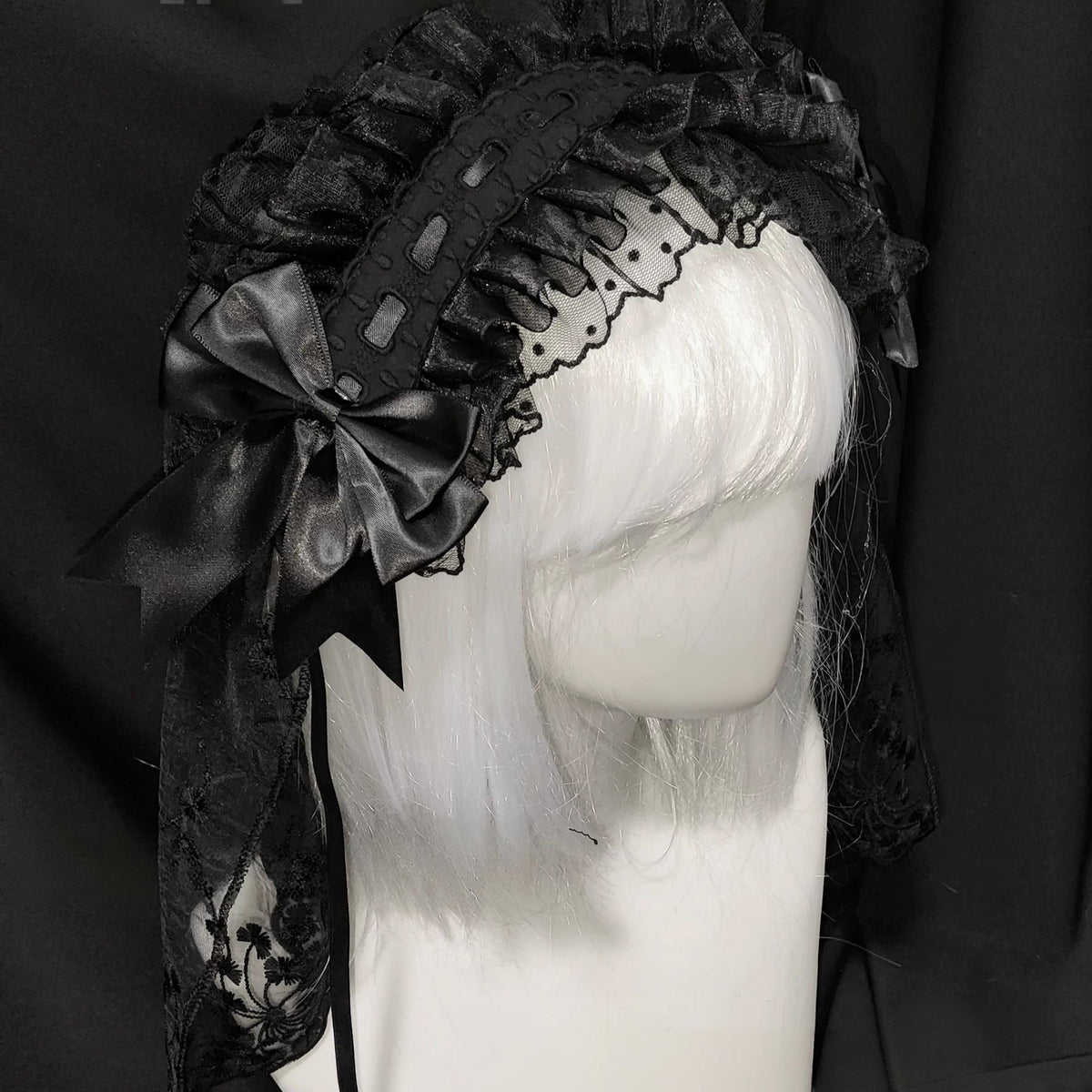 Halloween Gothic Lolita Lace Veil Hairband, Cross Embroidery Black - Extended Full-Face Veil
