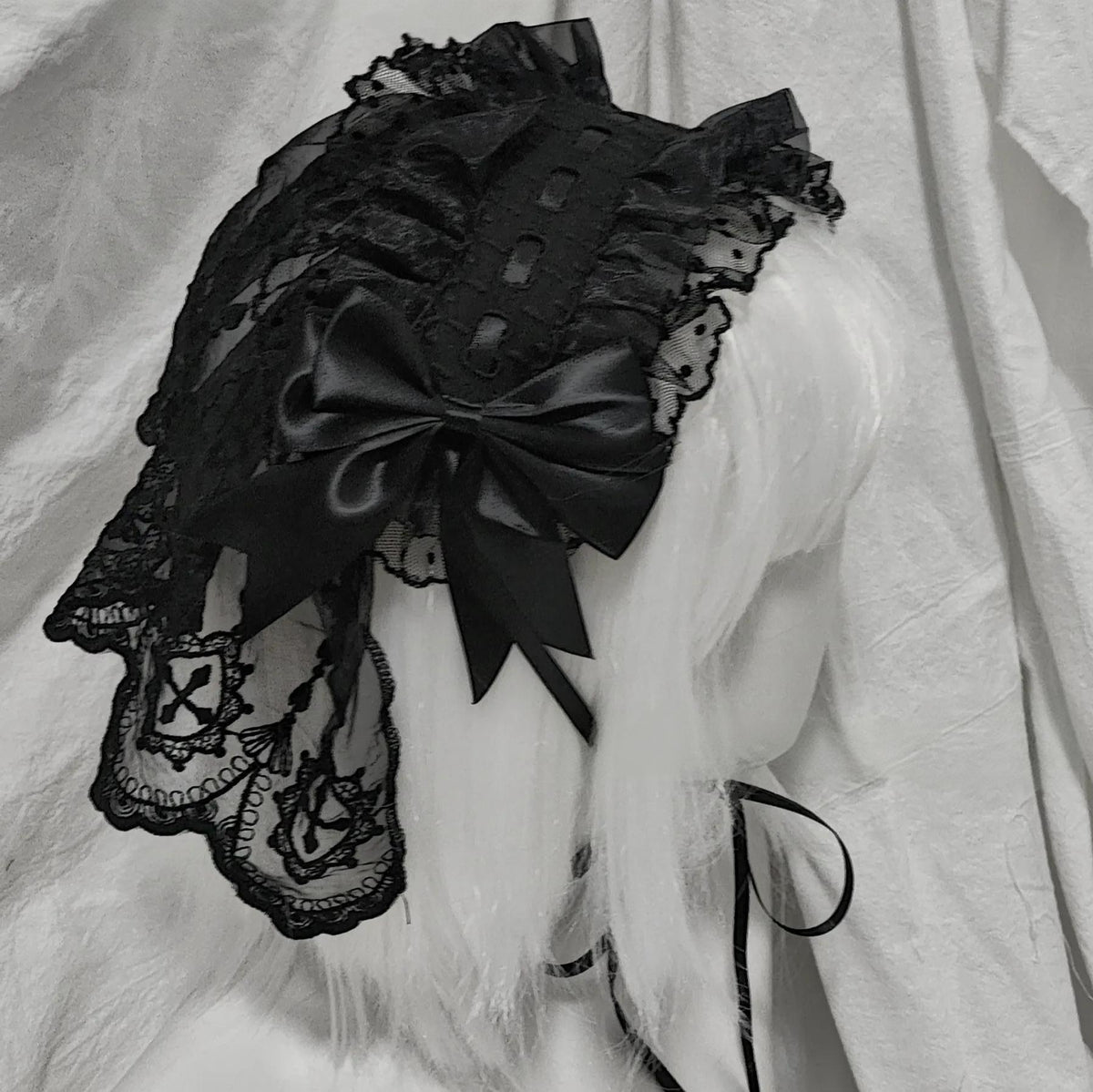Halloween Gothic Lolita Lace Veil Hairband, Cross Embroidery Black - Standard Veil