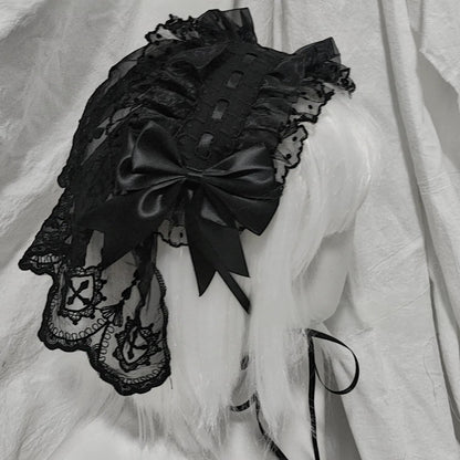 Halloween Gothic Lolita Lace Veil Hairband, Cross Embroidery Black - Standard Veil