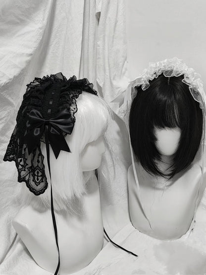 Halloween Gothic Lolita Lace Veil Hairband, Cross Embroidery