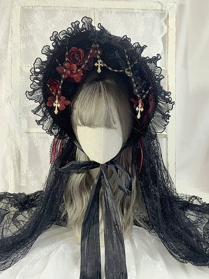 Gothic Lolita Lace BNT, Pearl Chain and Cross Pendants Black and Burgundy Red BNT + Detachable Head Veil