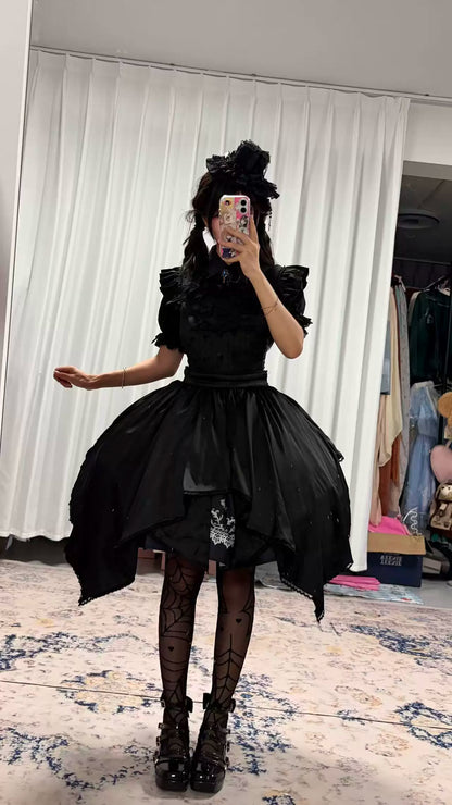 Star Remains Prayer - Elegant Gothic Lolita JSK & OP Dress Set, Cross & Moon Prints Overskirt Only S Two-piece Set