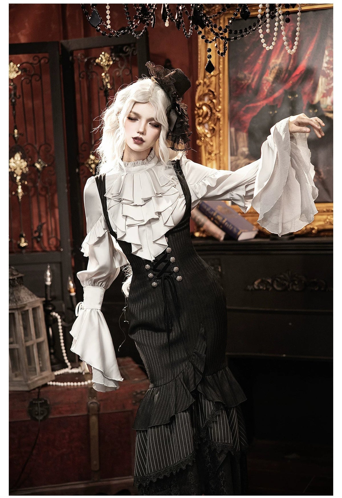 Night Crow - Elegant Gothic Lolita Blouse or Skirt Set, Irregular Hem