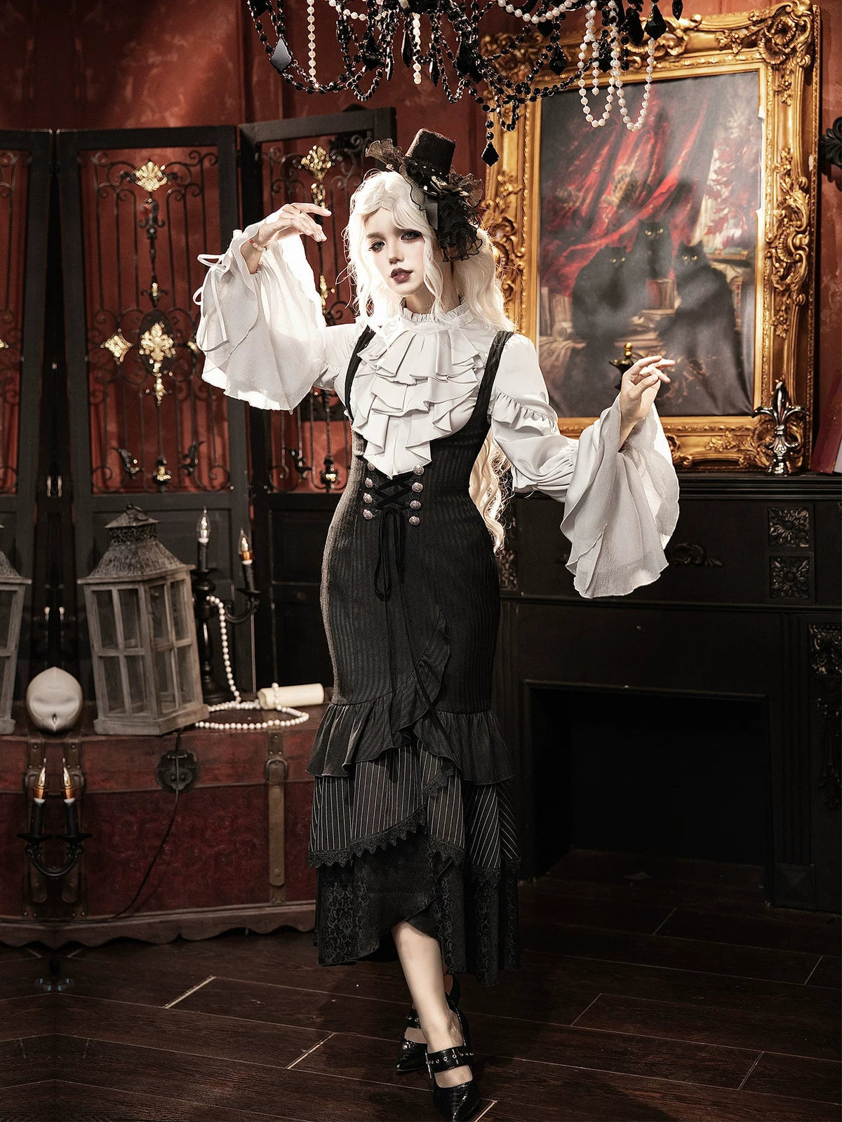 Night Crow - Elegant Gothic Lolita Blouse or Skirt Set, Irregular Hem
