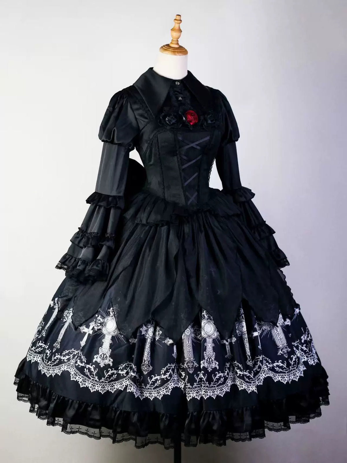 Star Remains Prayer - Elegant Gothic Lolita JSK & OP Dress Set, Cross & Moon Prints JSK + Blouse S Two-piece Set