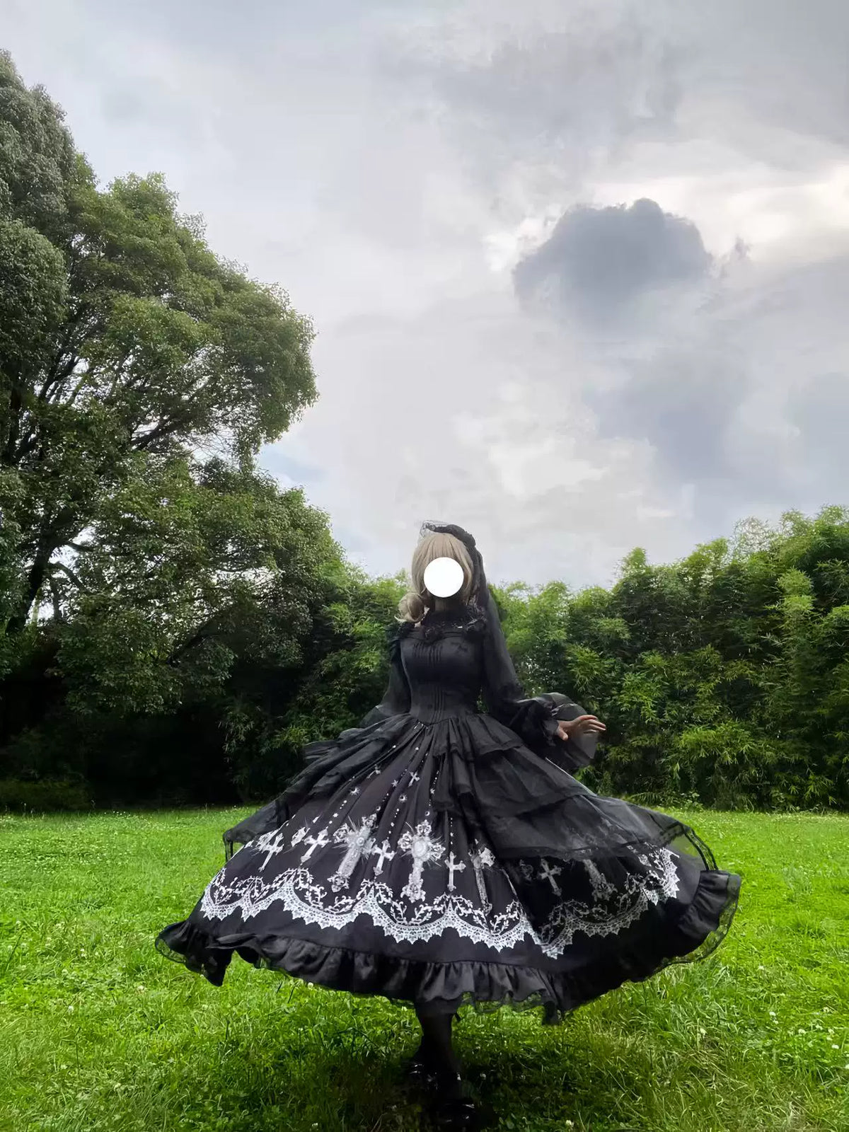Star Remains Prayer - Elegant Gothic Lolita JSK & OP Dress Set, Cross & Moon Prints