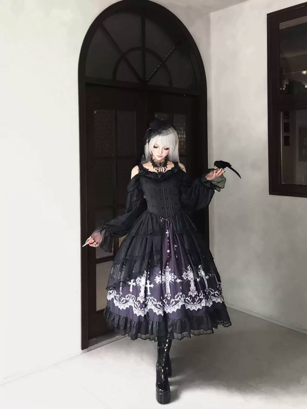 Star Remains Prayer - Elegant Gothic Lolita JSK & OP Dress Set, Cross & Moon Prints Long SK Only S Two-piece Set