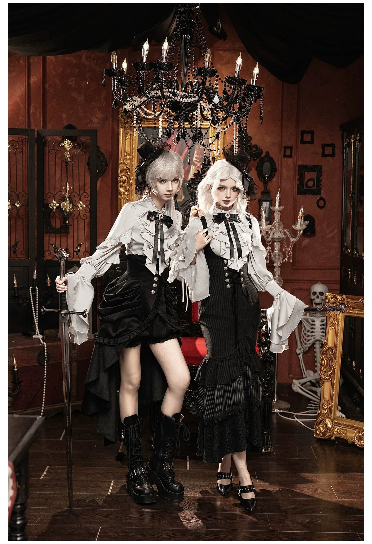 Night Crow - Elegant Gothic Lolita Blouse or Skirt Set, Irregular Hem