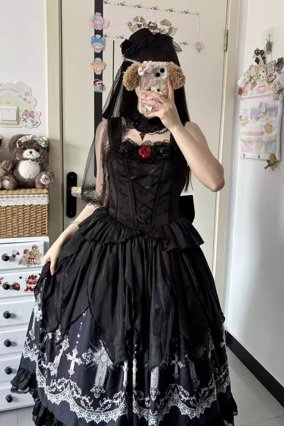 Star Remains Prayer - Elegant Gothic Lolita JSK & OP Dress Set, Cross & Moon Prints