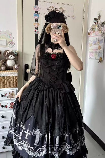 Star Remains Prayer - Elegant Gothic Lolita JSK & OP Dress Set, Cross & Moon Prints