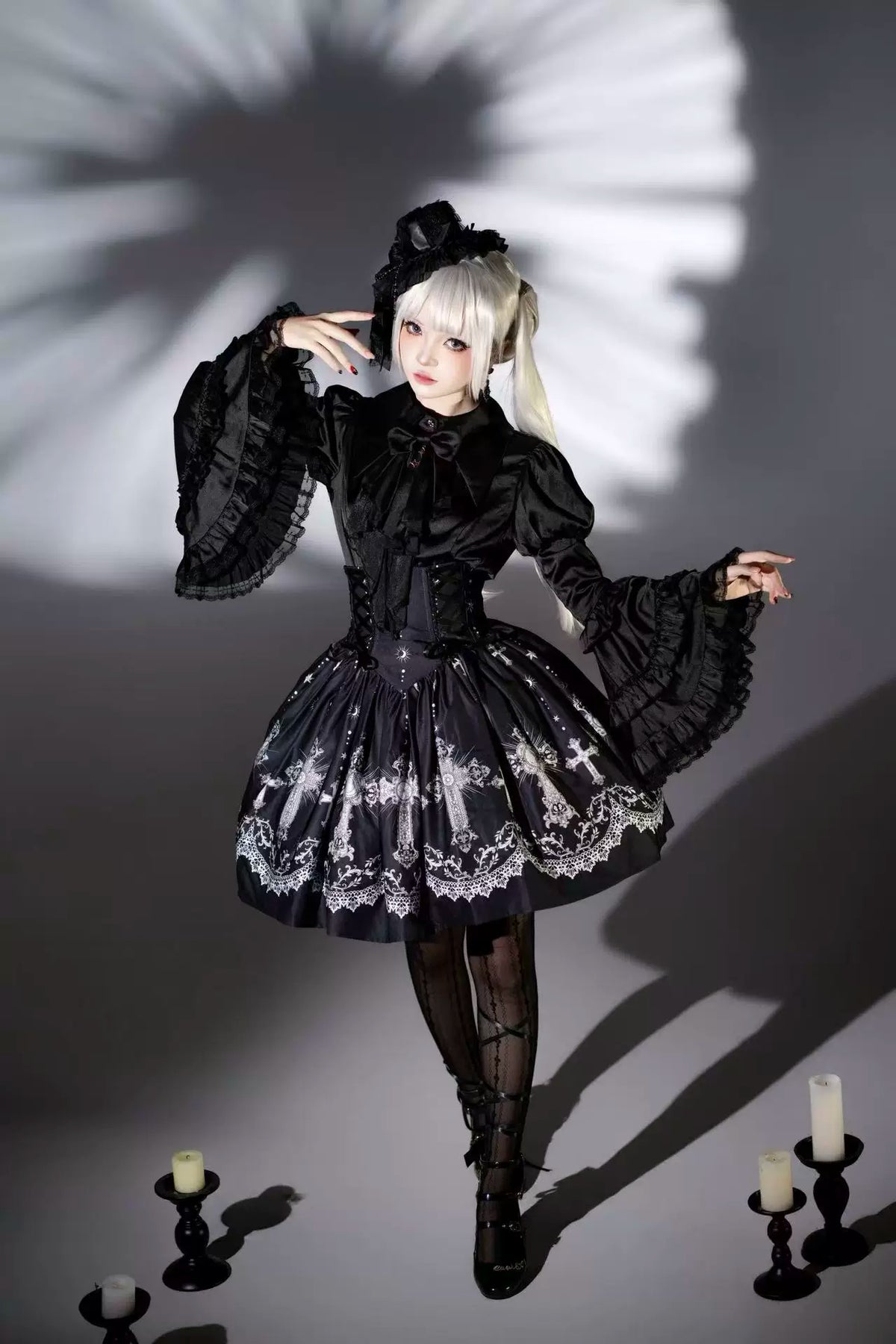 Star Remains Prayer - Elegant Gothic Lolita JSK & OP Dress Set, Cross & Moon Prints