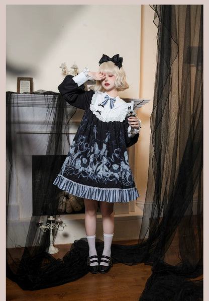 Bandage Bear - Gothic Lolita Long-Sleeve OP Dress, Teddy Bear Print