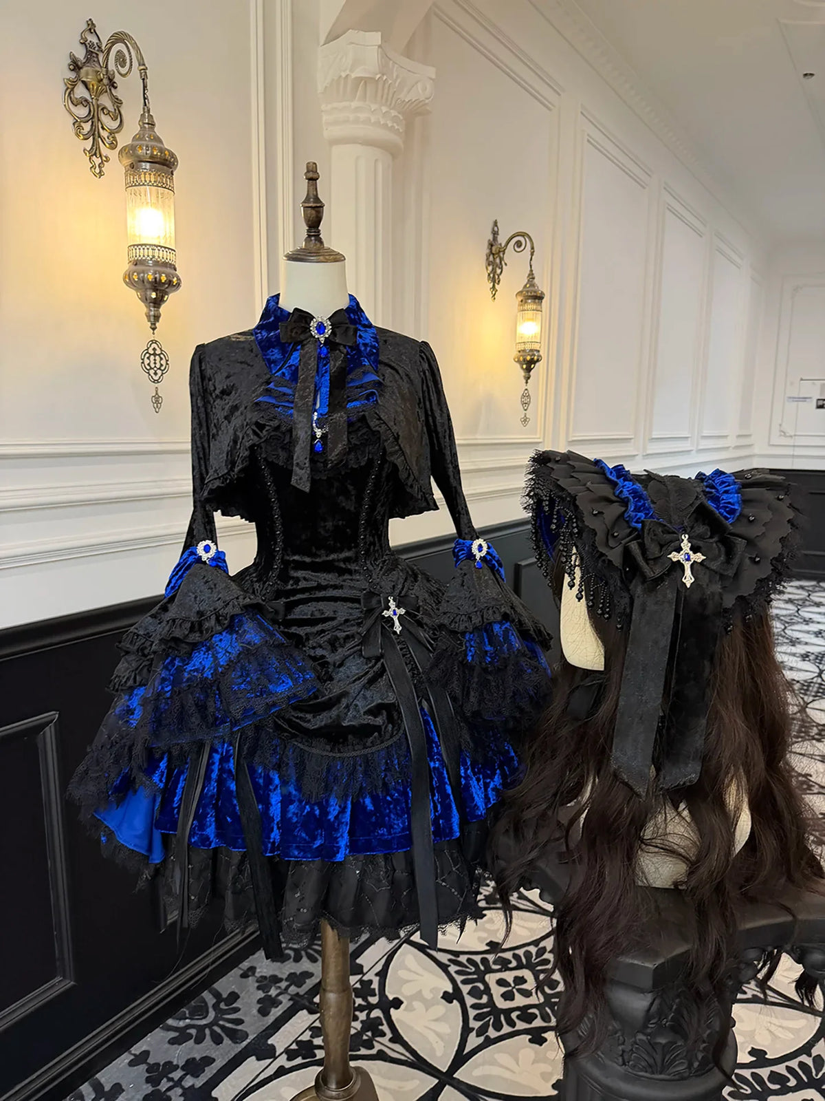 Dark Raven Poem - Gothic Lolita JSK & Bolero Dress Set, Diamond Velvet Blue S Train 4-Piece Set (JSK + bolero + tie + train)
