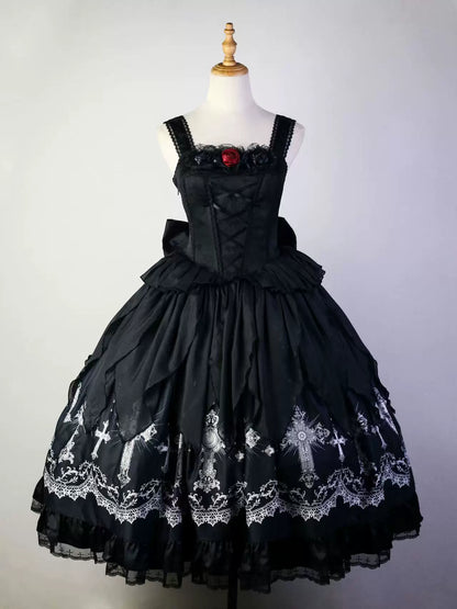 Star Remains Prayer - Elegant Gothic Lolita JSK & OP Dress Set, Cross & Moon Prints JSK Only S Two-piece Set