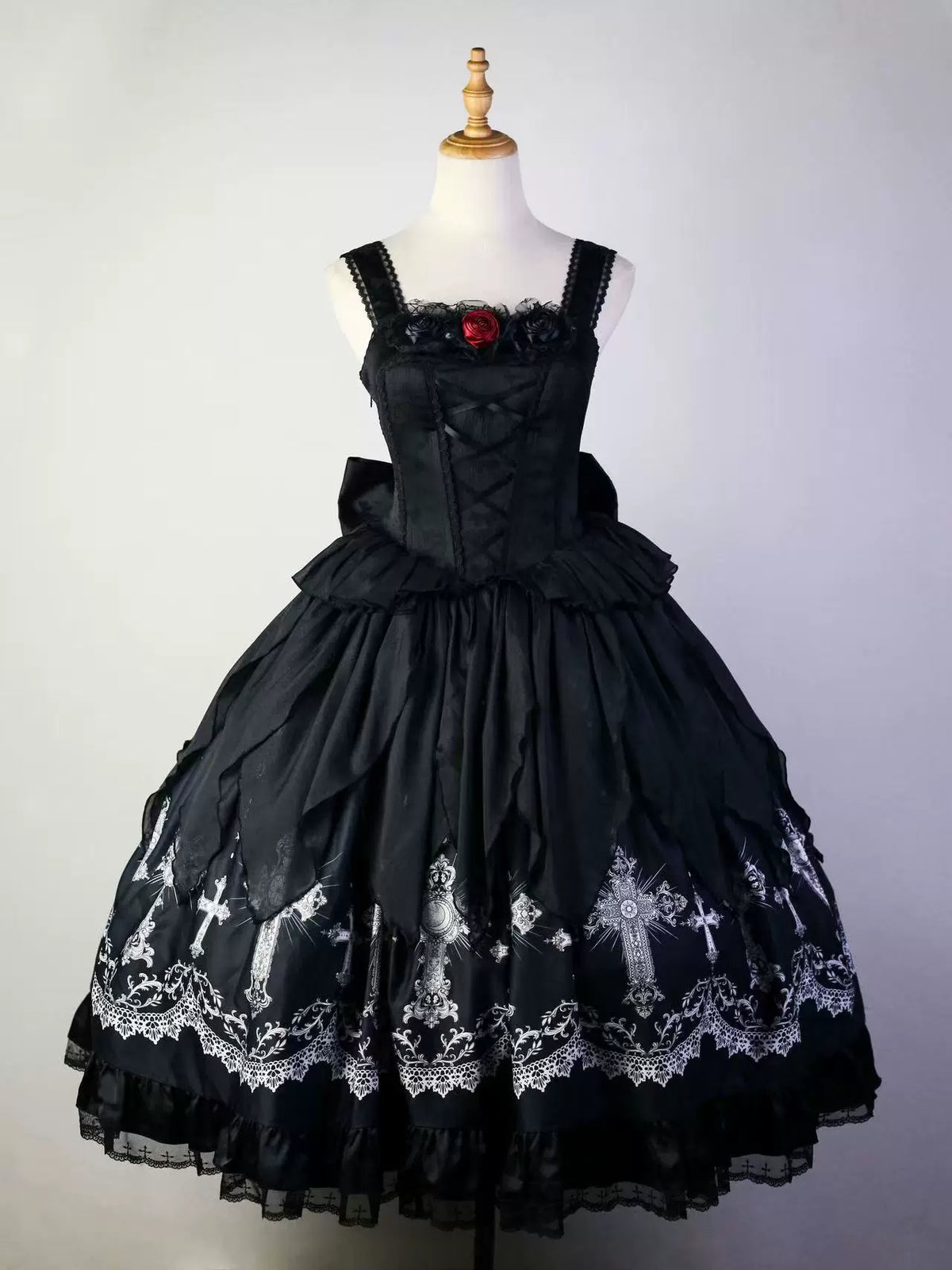 Star Remains Prayer - Elegant Gothic Lolita JSK & OP Dress Set, Cross & Moon Prints