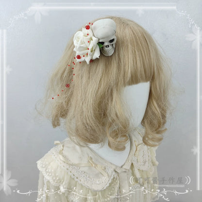 Halloween Gothic Lolita Accessories, White Bride Style One Size Hair Clip (ghost and rose style)