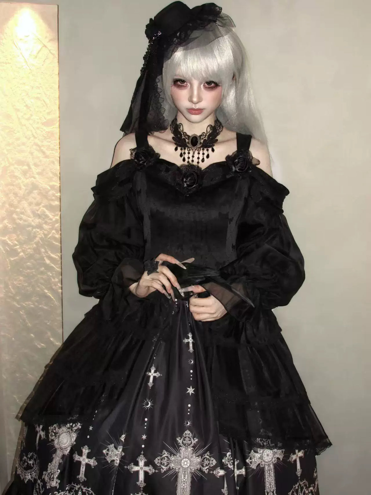 Star Remains Prayer - Elegant Gothic Lolita JSK & OP Dress Set, Cross & Moon Prints