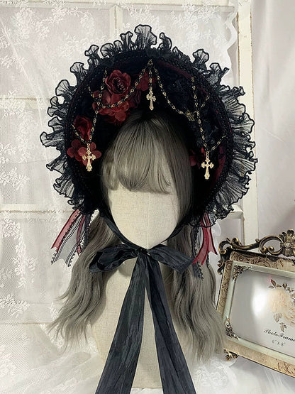 Gothic Lolita Lace BNT, Pearl Chain and Cross Pendants Black and Burgundy Red BNT (without head veil)