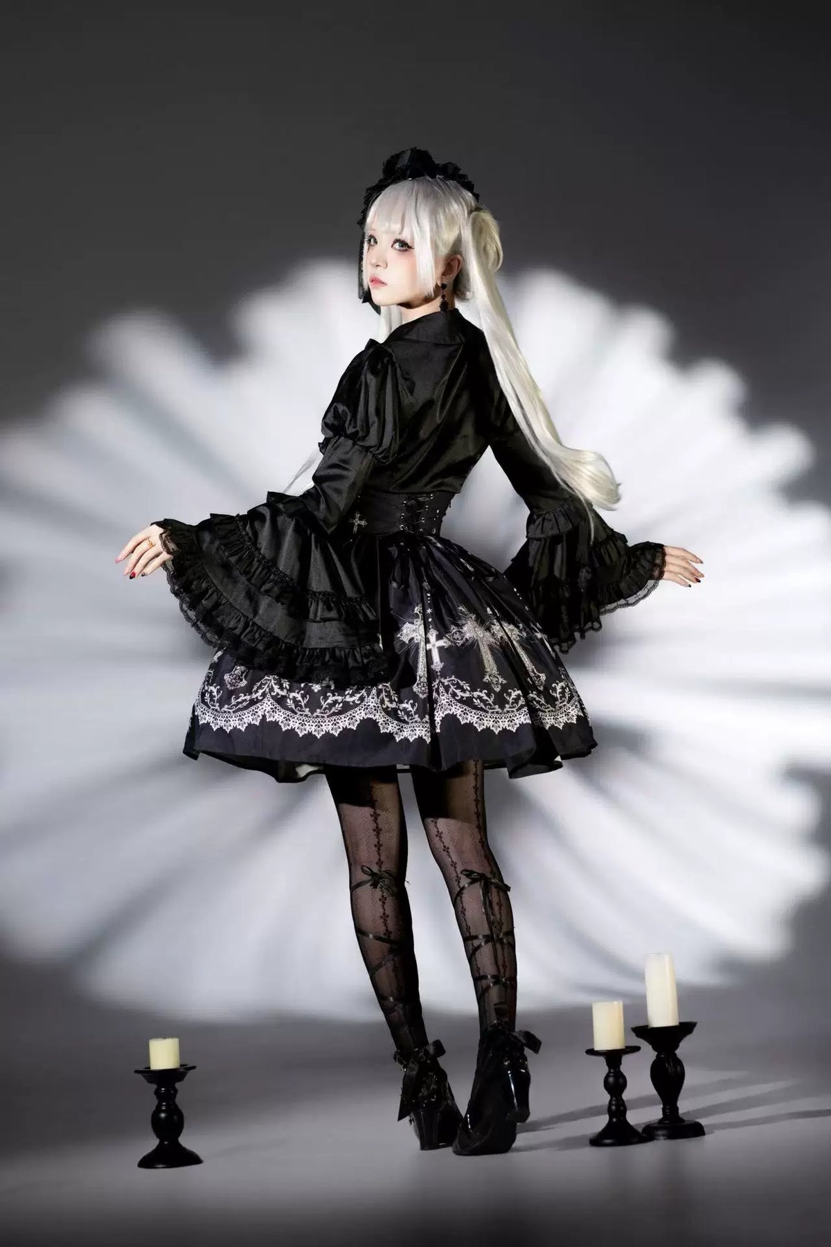 Star Remains Prayer - Elegant Gothic Lolita JSK & OP Dress Set, Cross & Moon Prints