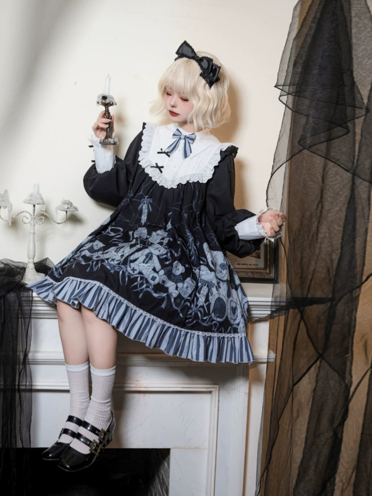Bandage Bear - Gothic Lolita Long-Sleeve OP Dress, Teddy Bear Print