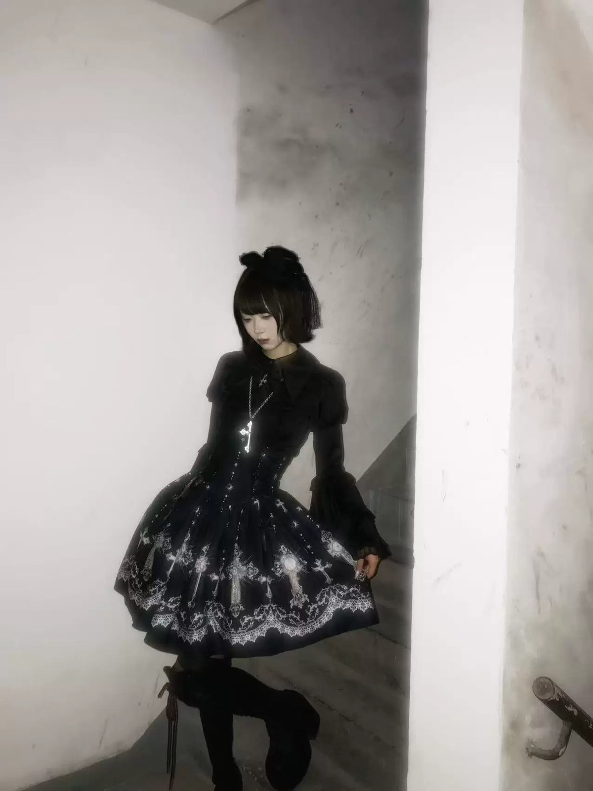 Star Remains Prayer - Elegant Gothic Lolita JSK & OP Dress Set, Cross & Moon Prints