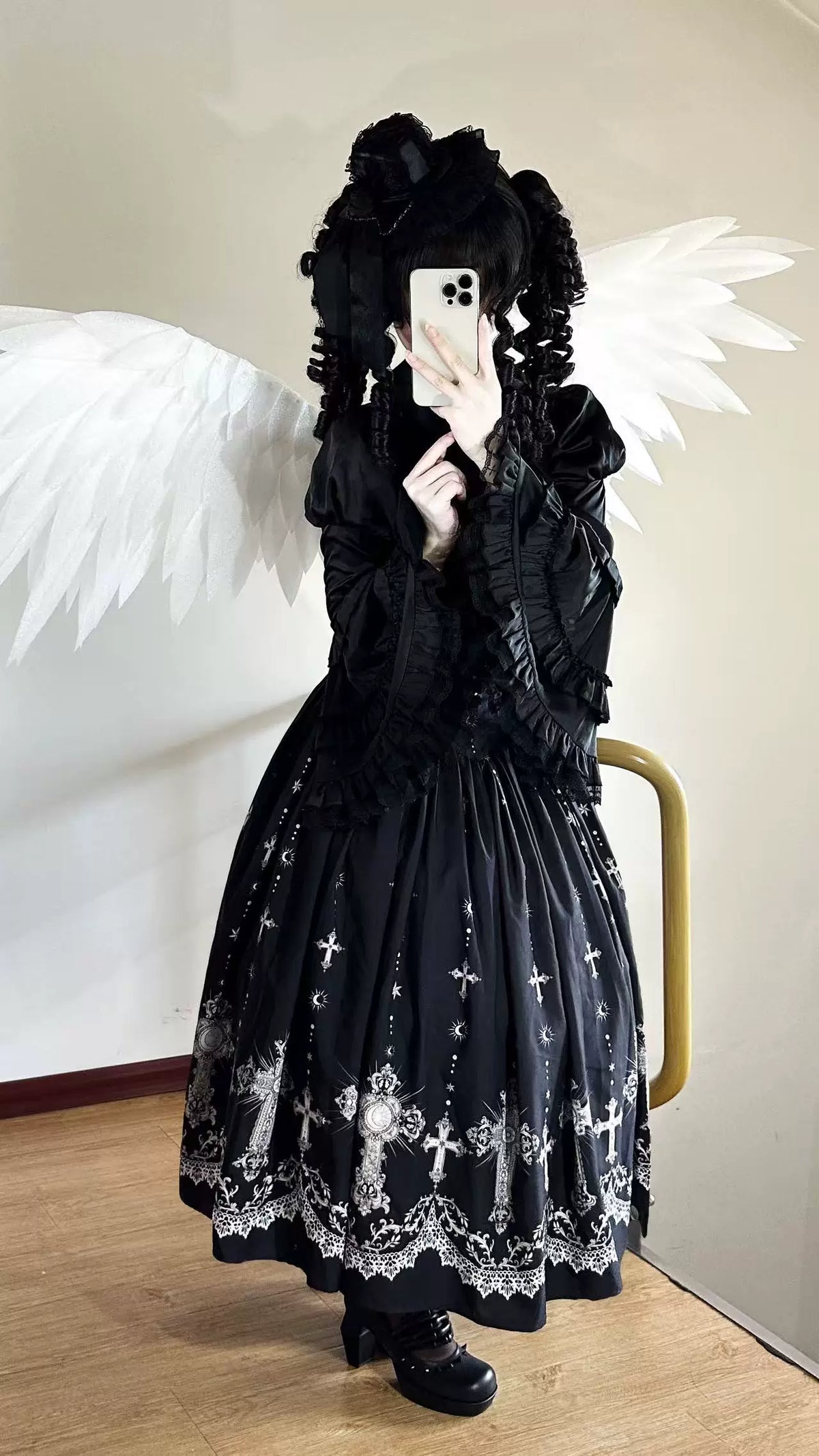 Star Remains Prayer - Elegant Gothic Lolita JSK & OP Dress Set, Cross & Moon Prints